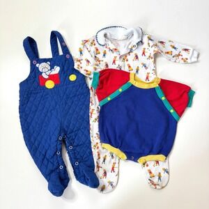 Vintage 80's 90's Baby Boy Bundle Quilted Footed Overalls Pajamas Romper 0-6 mos
